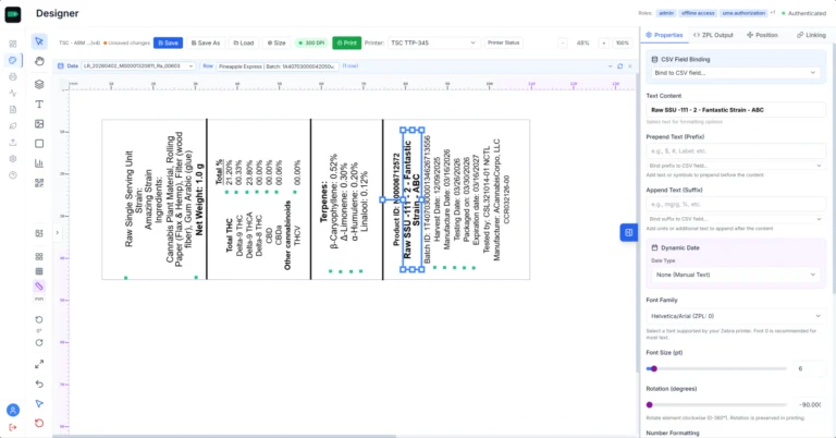 Tagestry designer mid-edit on a long cannabis compliance label: total cannabinoid panel (Total THC 17.18%), full terpene profile, and the EDS field-binding inspector open