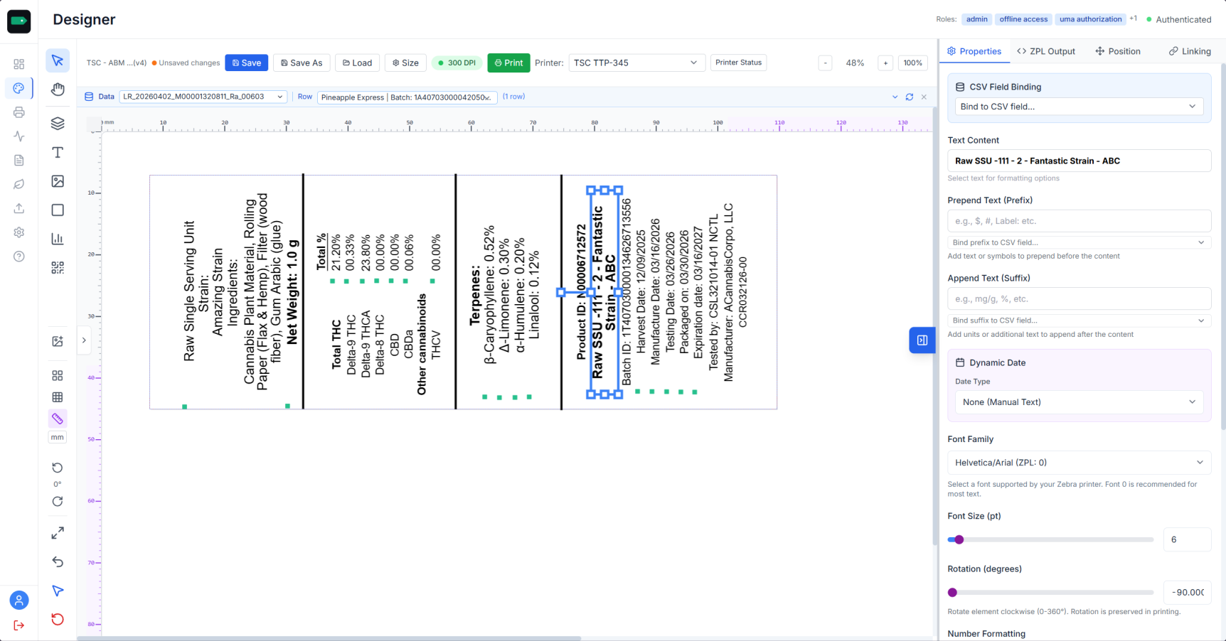 Tagestry designer demo: a user generates a QR code and drops it onto a cannabis compliance label, with the binding panel updating live