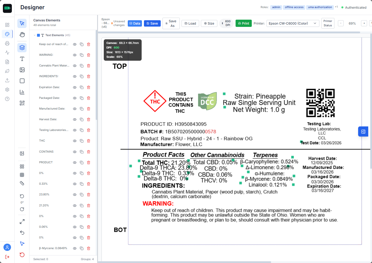Tagestry WYSIWYG label designer with a cannabis compliance label on the canvas, barcode and QR elements visible, and the property inspector open on the right