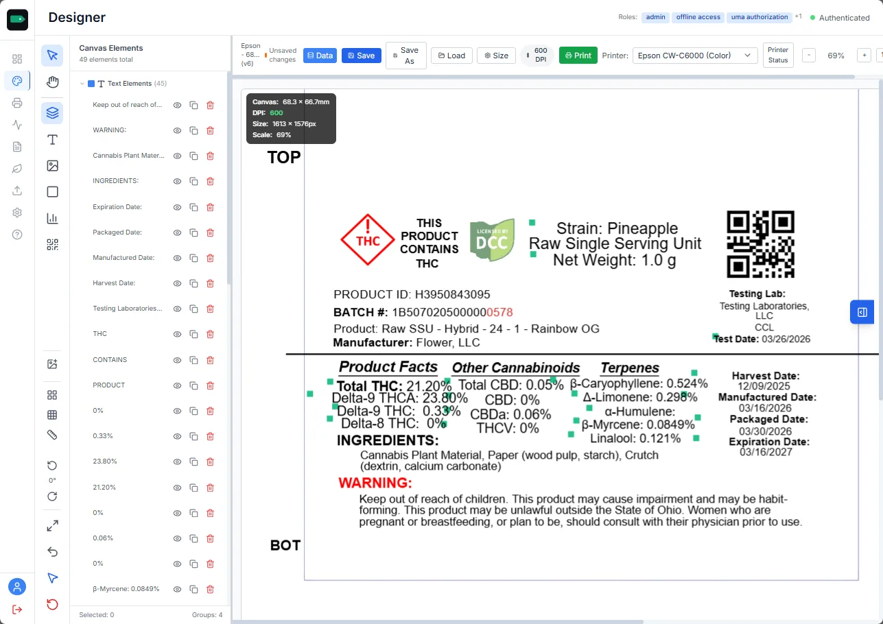 Tagestry label designer: WYSIWYG canvas with barcodes, QR codes, and variable fields bound to live METRC data