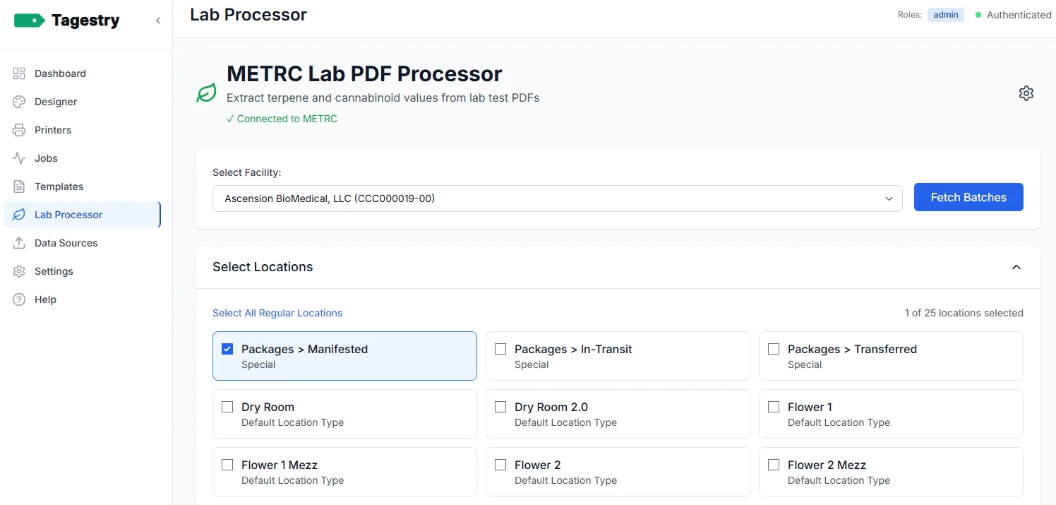 Tagestry Lab Processor connected live to METRC: Select Facility dropdown with a grid of facility locations ready to fetch batches